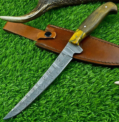 Hand Forged Damascus Steel Fillet Knife – Chef, Kitchen, Hunting & Camping Knife with Resin & Natural Wood Handle