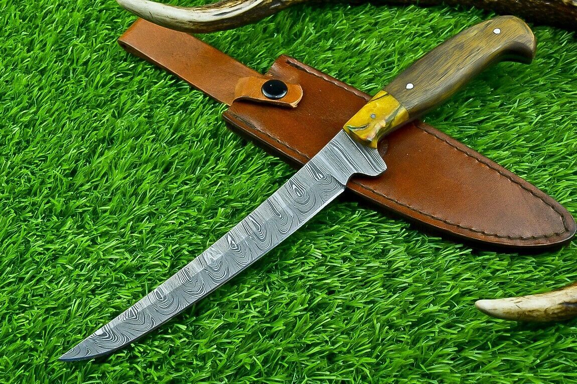 Hand Forged Damascus Steel Fillet Knife – Chef, Kitchen, Hunting & Camping Knife with Resin & Natural Wood Handle