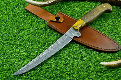 Hand Forged Damascus Steel Fillet Knife – Chef, Kitchen, Hunting & Camping Knife with Resin & Natural Wood Handle
