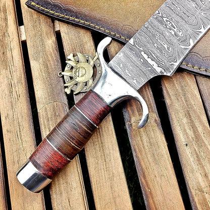 16 Inch Handmade Damascus Steel Bowie Knife with Wood and Leather Handle