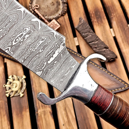 16 Inch Handmade Damascus Steel Bowie Knife with Wood and Leather Handle