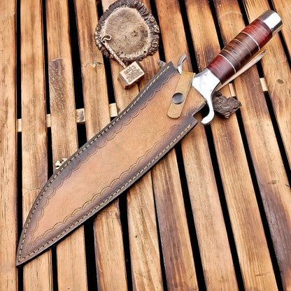 16 Inch Handmade Damascus Steel Bowie Knife with Wood and Leather Handle