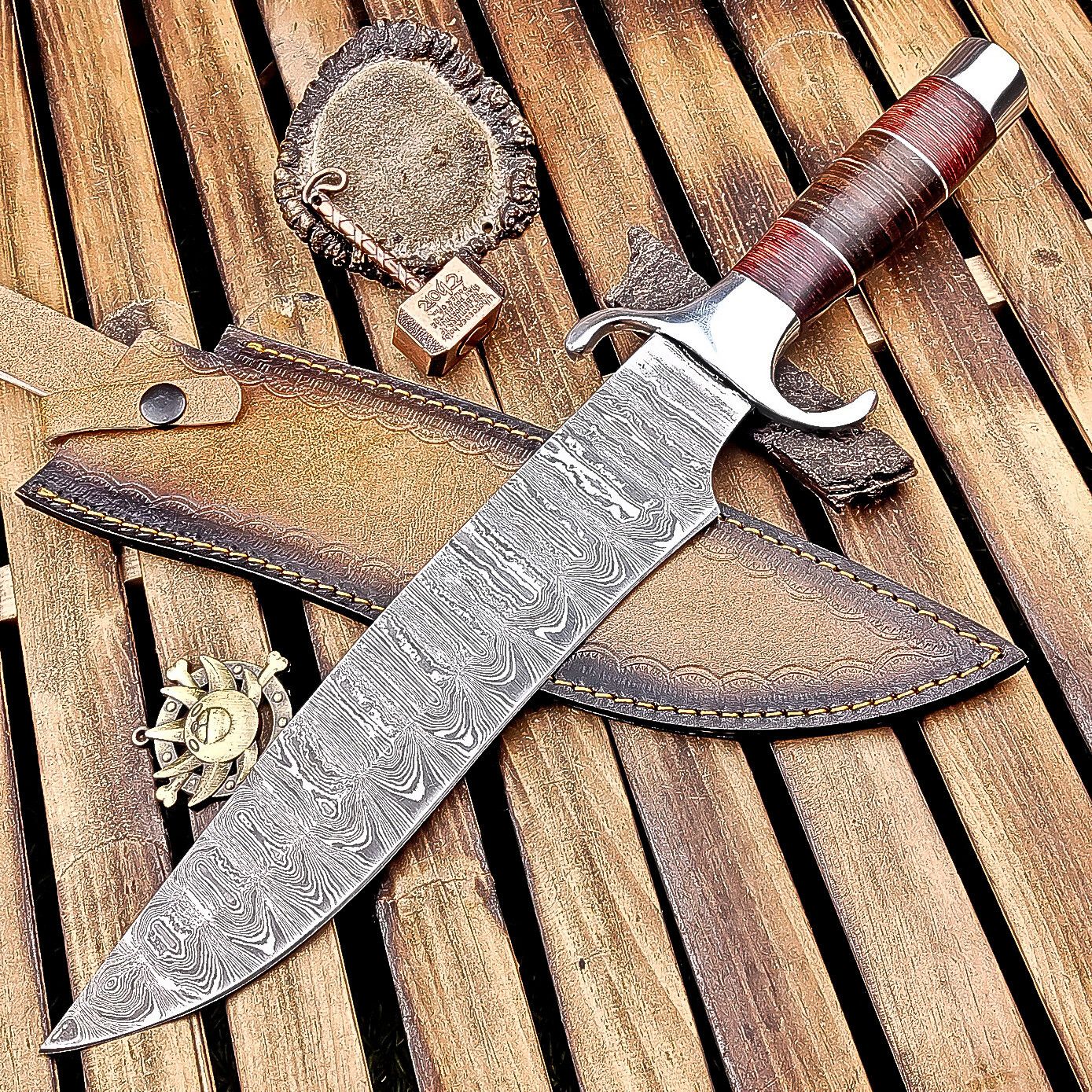 16 Inch Handmade Damascus Steel Bowie Knife with Wood and Leather Handle
