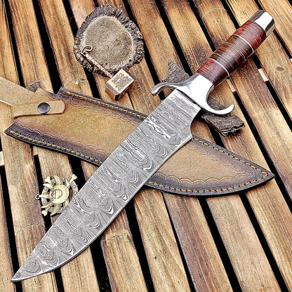 16 Inch Handmade Damascus Steel Bowie Knife with Wood and Leather Handle