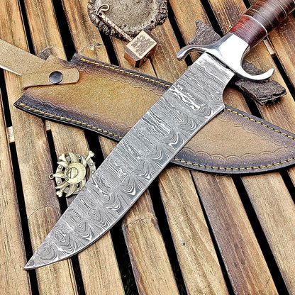 16 Inch Handmade Damascus Steel Bowie Knife with Wood and Leather Handle
