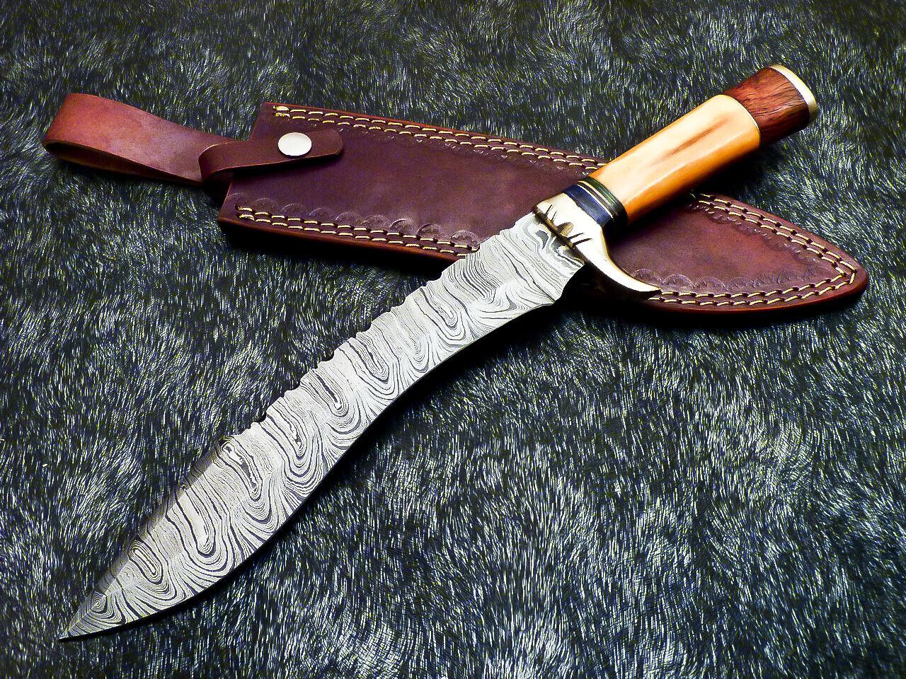 Hand Forged Damascus Bowie Hunting Knife – Stained Bone Handle, 15"