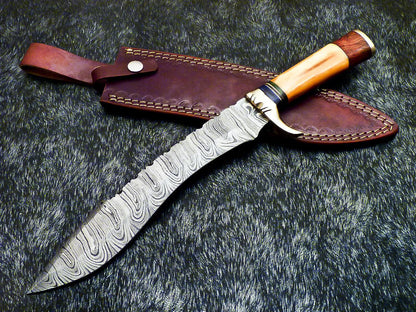Hand Forged Damascus Bowie Hunting Knife – Stained Bone Handle, 15"