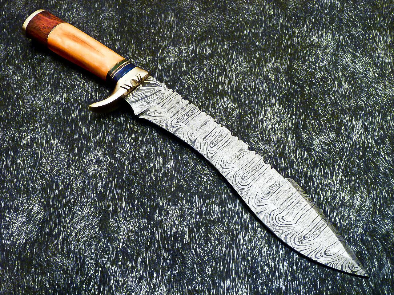 Hand Forged Damascus Bowie Hunting Knife – Stained Bone Handle, 15"