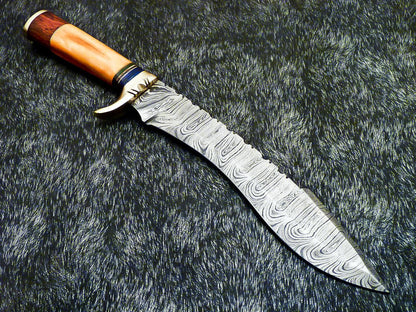 Hand Forged Damascus Bowie Hunting Knife – Stained Bone Handle, 15"