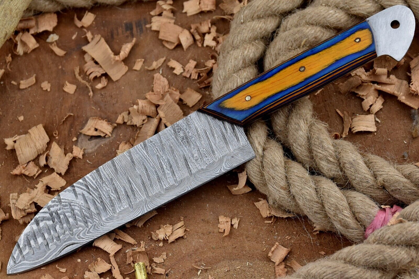 Handmade Custom Damascus Steel Chef Knife – Full Tang Kitchen Knife with Blue & Yellow Dollar Sheet Handle
