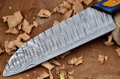 Handmade Custom Damascus Steel Chef Knife – Full Tang Kitchen Knife with Blue & Yellow Dollar Sheet Handle