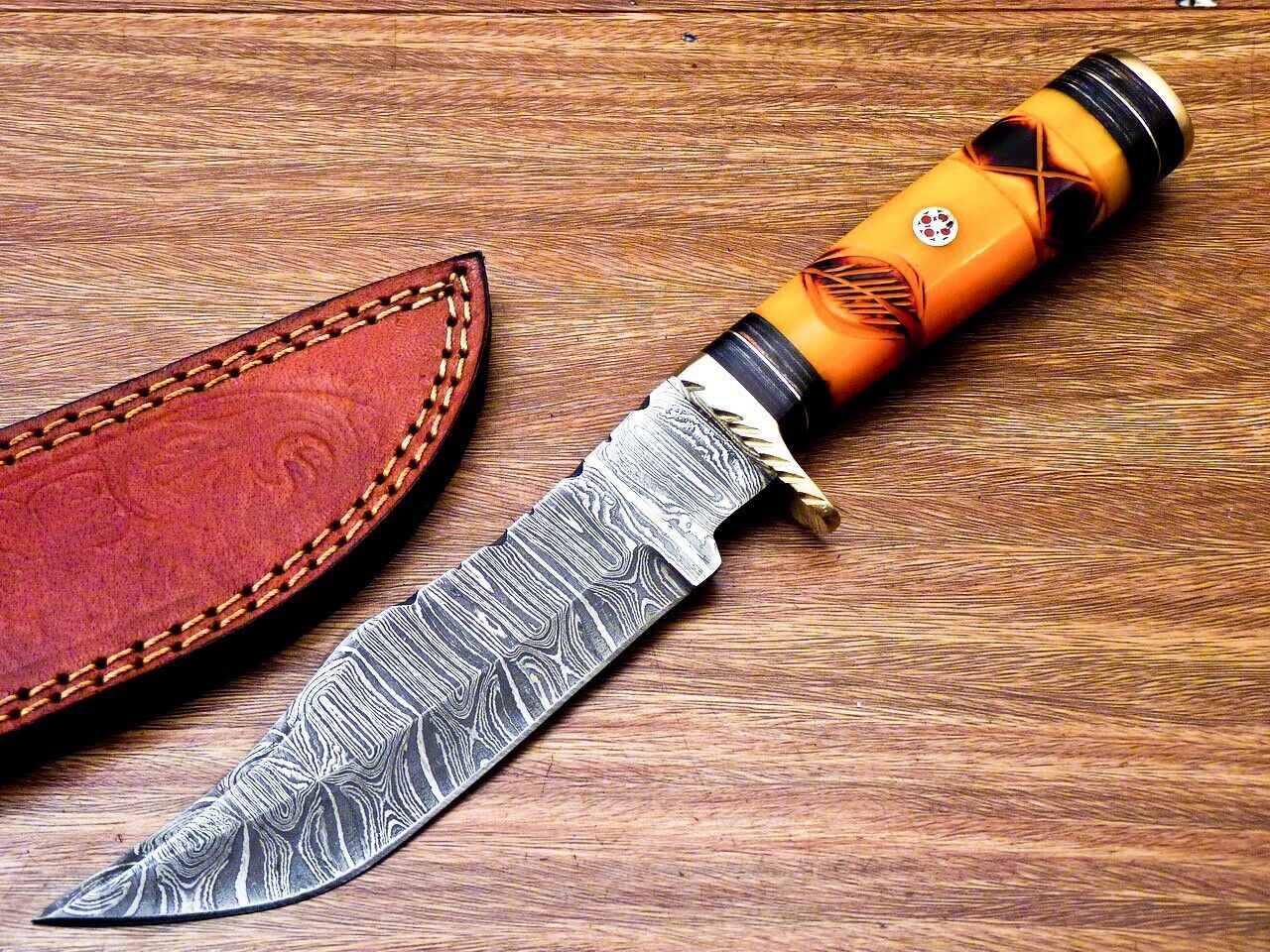10" Custom Handmade Damascus Steel Bowie Knife – Engraved Camel Bone & Wood Handle