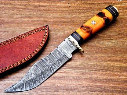 10" Custom Handmade Damascus Steel Bowie Knife – Engraved Camel Bone & Wood Handle