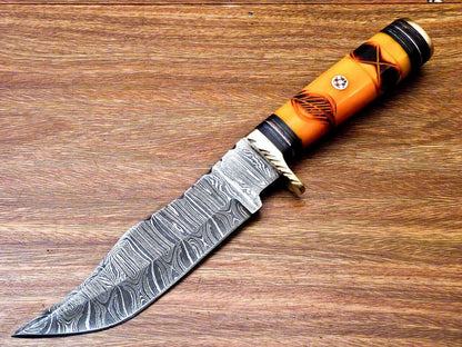 10" Custom Handmade Damascus Steel Bowie Knife – Engraved Camel Bone & Wood Handle