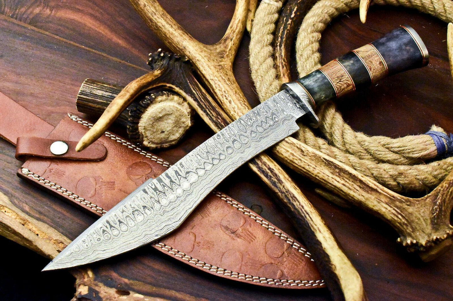 14" Handmade Damascus Steel Bowie Knife – Camel Bone Handle Hunting Knife