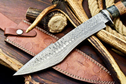 14" Handmade Damascus Steel Bowie Knife – Camel Bone Handle Hunting Knife