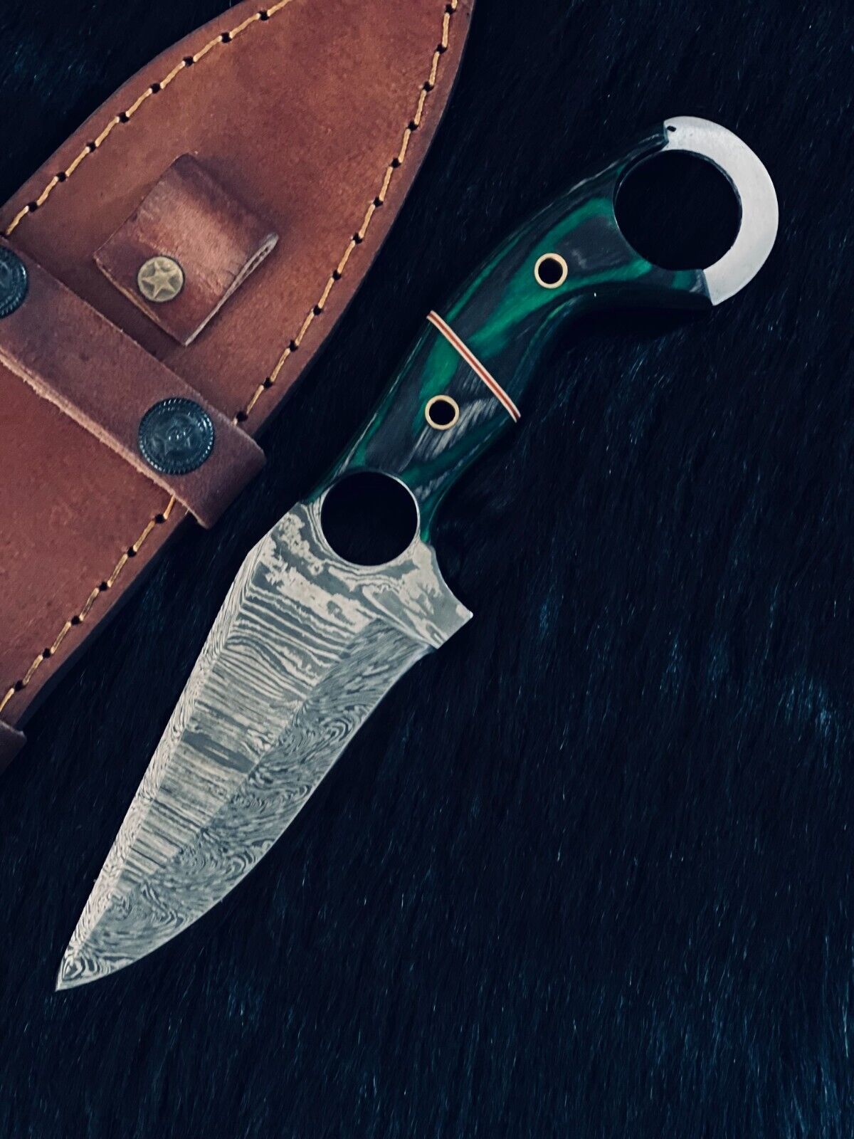 8.5" Fire Damascus Steel Bowie Knife – Handmade Camel Bone & Wood Handle