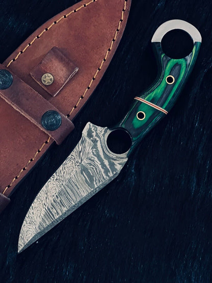 8.5" Fire Damascus Steel Bowie Knife – Handmade Camel Bone & Wood Handle