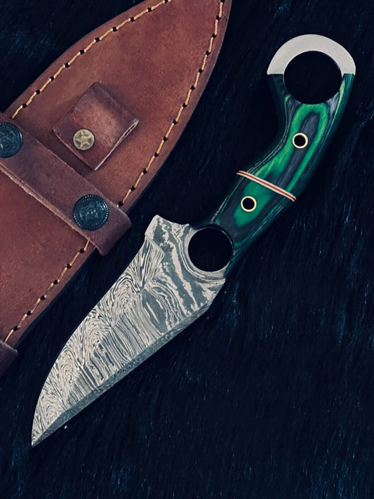 8.5" Fire Damascus Steel Bowie Knife – Handmade Camel Bone & Wood Handle