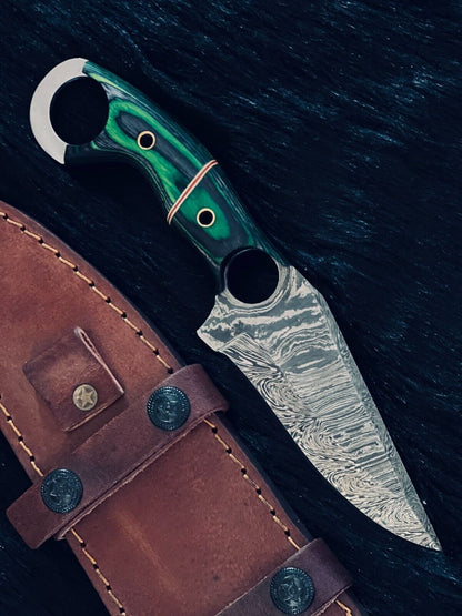 8.5" Fire Damascus Steel Bowie Knife – Handmade Camel Bone & Wood Handle