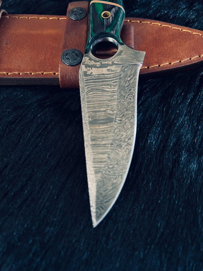 8.5" Fire Damascus Steel Bowie Knife – Handmade Camel Bone & Wood Handle