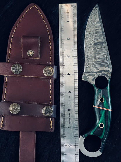 8.5" Fire Damascus Steel Bowie Knife – Handmade Camel Bone & Wood Handle