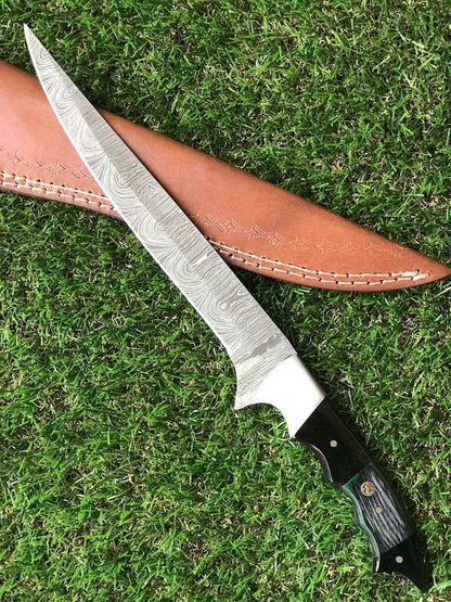 13" Damascus Steel Fillet Knife & Custom Fillet Knife With pakka Wood & Resin Handle