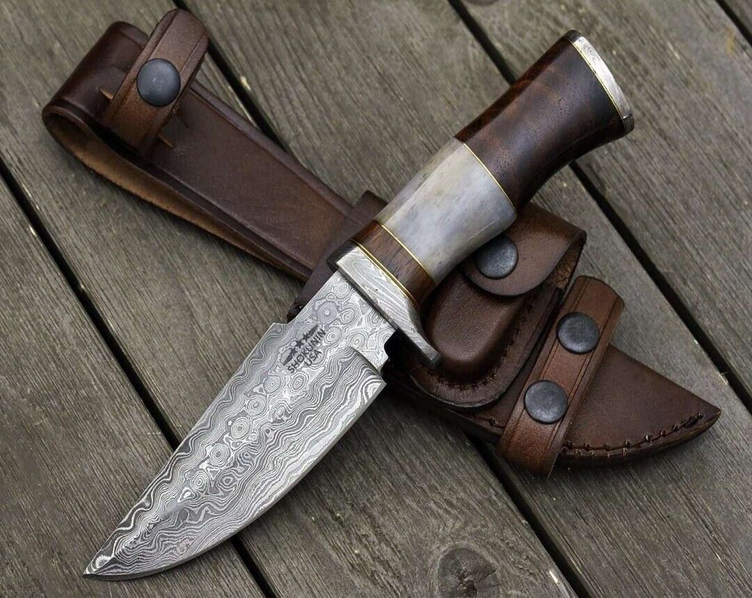 Heritage Forge Damascus Steel Fixed Blade Hunting Knife Wood Handle with Sheath