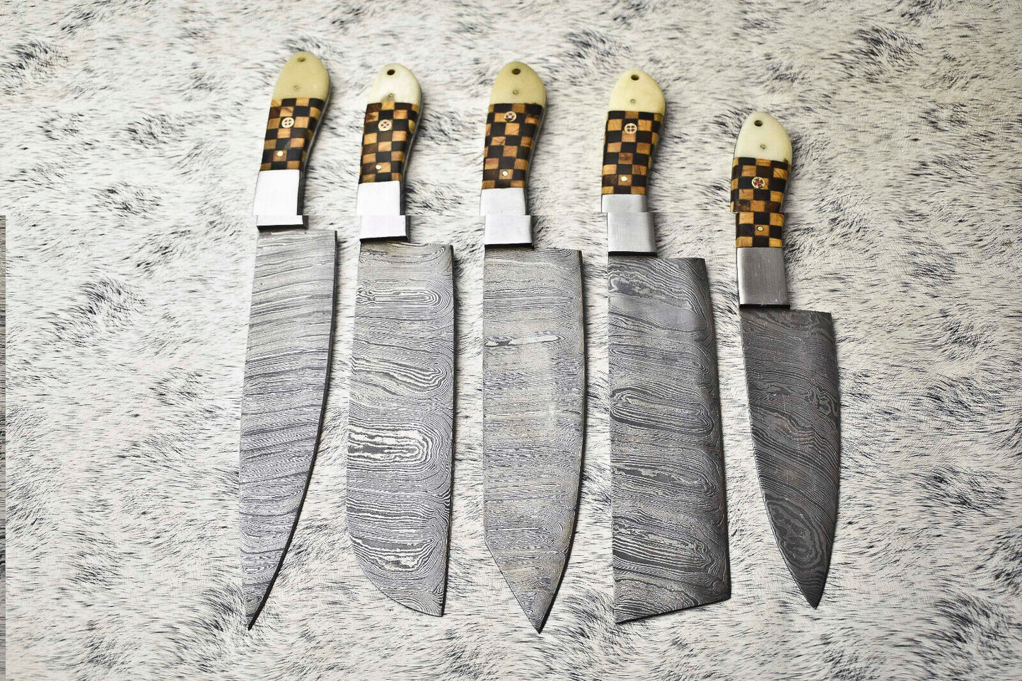 Premium Lot of 5 Handmade Damascus Steel Chef Knives | Full Tang with Hard Wood Handles
