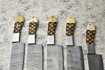 Premium Lot of 5 Handmade Damascus Steel Chef Knives | Full Tang with Hard Wood Handles
