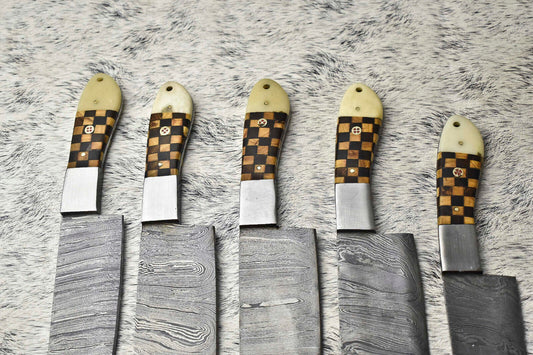 Premium Lot of 5 Handmade Damascus Steel Chef Knives | Full Tang with Hard Wood Handles