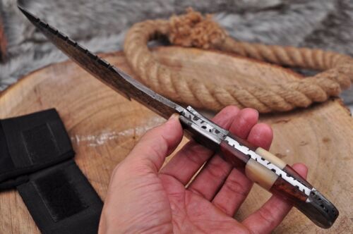 12" Tactical Survival Damascus Tracker Knife – Handmade Full Tang Fixed Blade with Camel Bone & Wood Handle