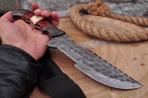Tactical Survival Damascus Steel Tracker Knife – Camel Bone & Wood Handle, Full Tang with Leather Sheath