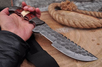 Tactical Survival Damascus Steel Tracker Knife – Camel Bone & Wood Handle, Full Tang with Leather Sheath