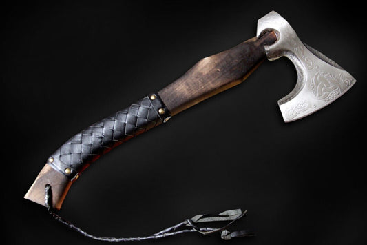 Handmade Forged Stainless Steel Viking Axe Hatchet with Smoked Brown Wood Handle and Leather Sheath