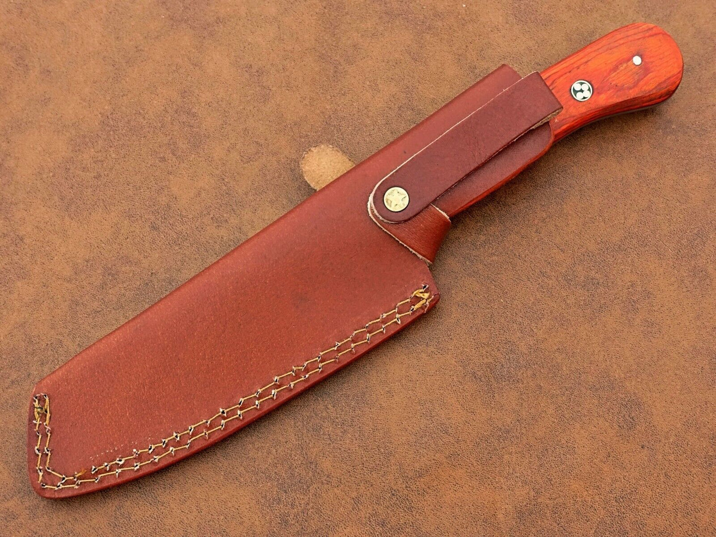 Handmade Damascus Steel Chef Knife – BBQ Special with Natural Wood Handle & Leather Sheath