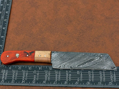 Handmade Damascus Steel Chef Knife – BBQ Special with Natural Wood Handle & Leather Sheath