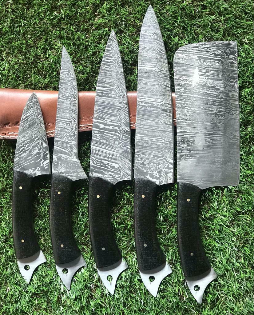Heritage Forge Handmade Twist Damascus Chef Knife Set – Pakkawood Handle