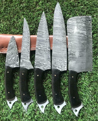 Heritage Forge Handmade Twist Damascus Chef Knife Set – Pakkawood Handle