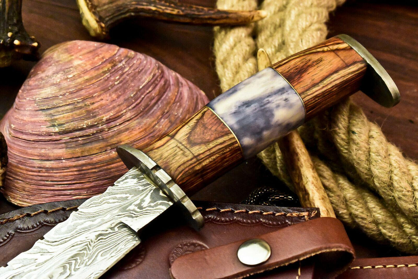 Custom Handmade Damascus Bowie Hunting Knife – Stained Camel Bone & Hard Wood Handle, 11"