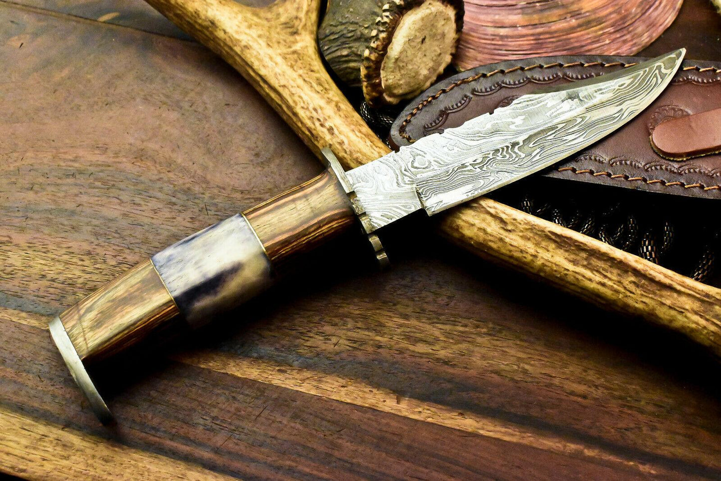 Custom Handmade Damascus Bowie Hunting Knife – Stained Camel Bone & Hard Wood Handle, 11"
