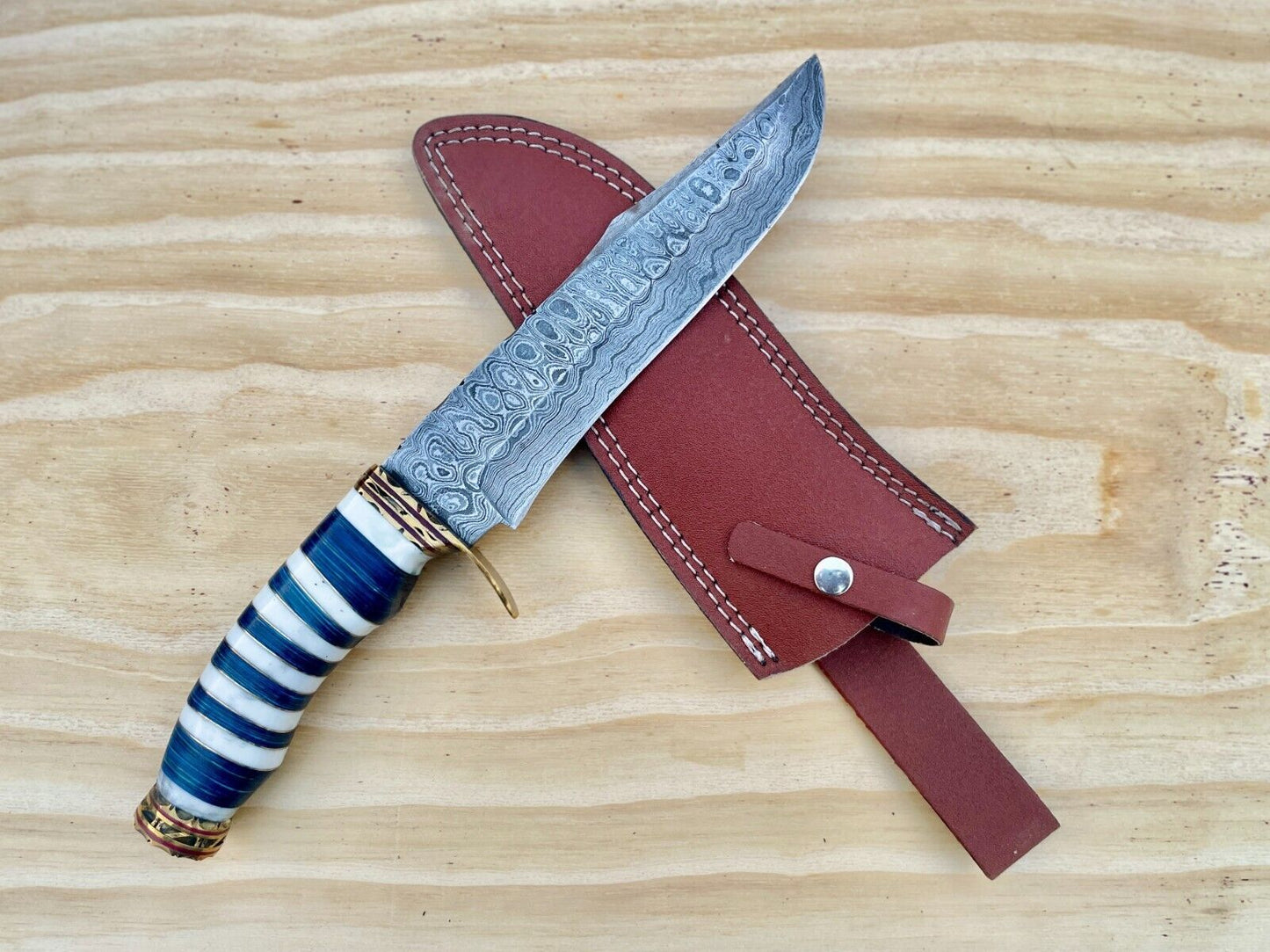 Custom Damascus Bowie Knife 13 Inch Hand Forged Hunting Knife with Wood Handle