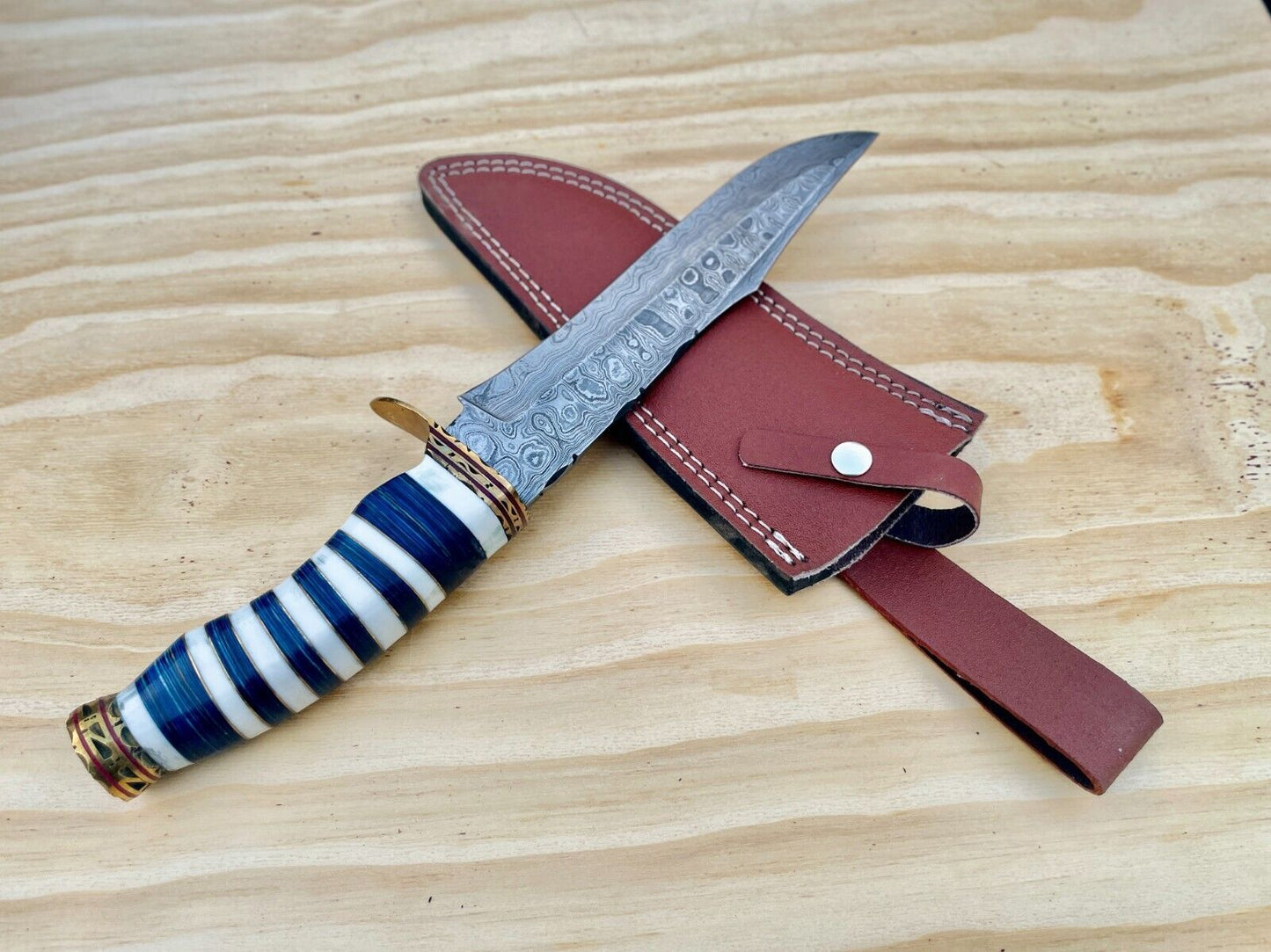 Custom Damascus Bowie Knife 13 Inch Hand Forged Hunting Knife with Wood Handle