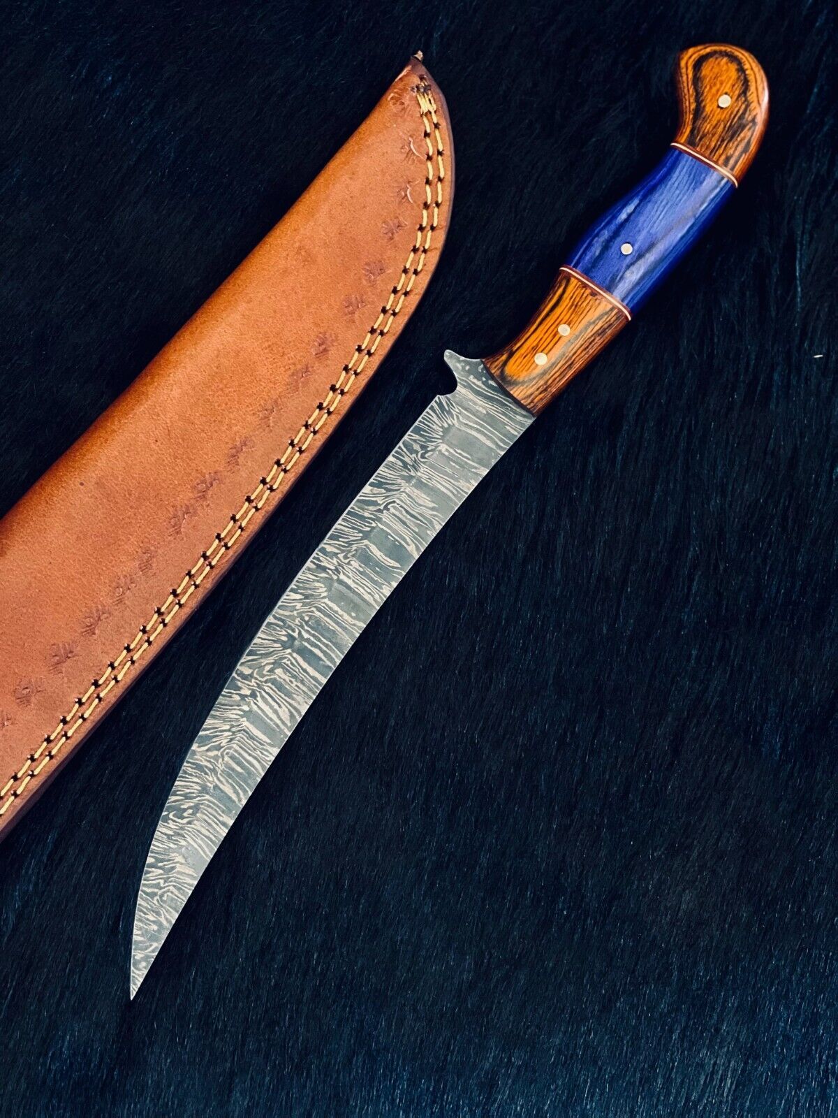 12.5" Custom Handmade Damascus Fillet Knife Fire Damascus Steel Fillet Knife W/Sheath