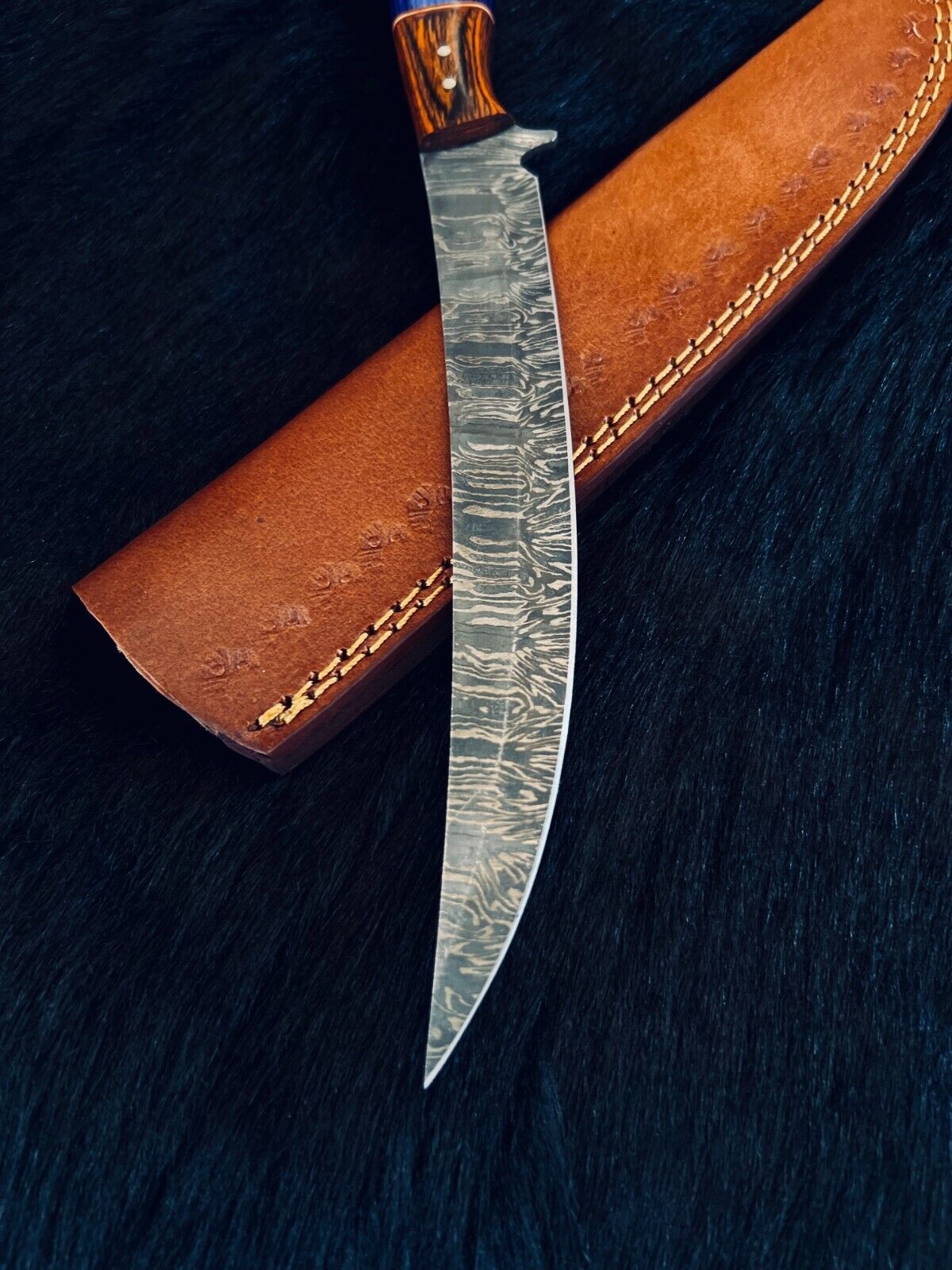 12.5" Custom Handmade Damascus Fillet Knife Fire Damascus Steel Fillet Knife W/Sheath