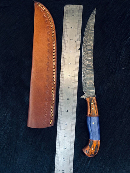 12.5" Custom Handmade Damascus Fillet Knife Fire Damascus Steel Fillet Knife W/Sheath