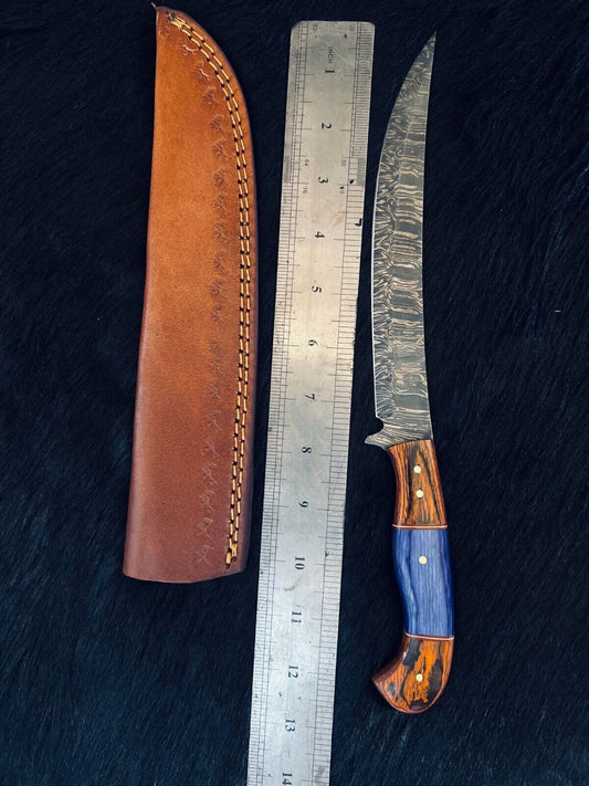 12.5" Custom Handmade Damascus Fillet Knife Fire Damascus Steel Fillet Knife W/Sheath