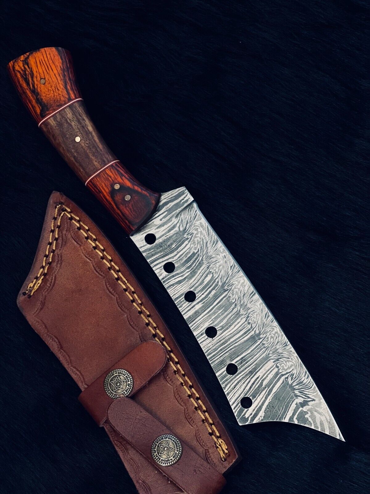 Heritage Forge 10.5 Inch Fire Damascus Steel Machete Knife with Camel Bone and Wood Handle