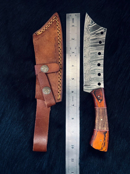 Heritage Forge 10.5 Inch Fire Damascus Steel Machete Knife with Camel Bone and Wood Handle