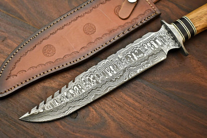 15.5" Handmade Damascus Steel Bowie Knife with Walnut Wood Handle